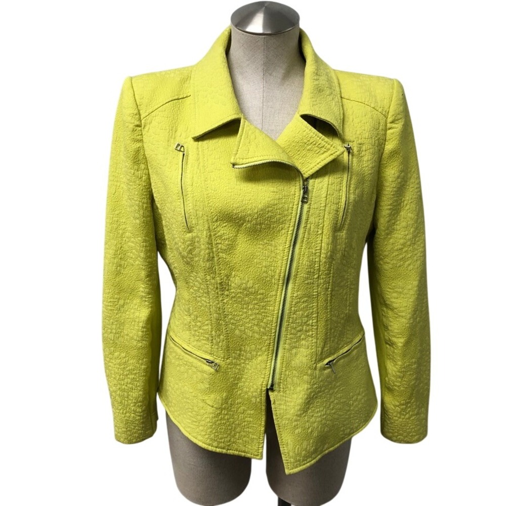 BCBGMAXAZRIA Moto Jacket Womens Large Lime Green Textured Asymmetrical Zip